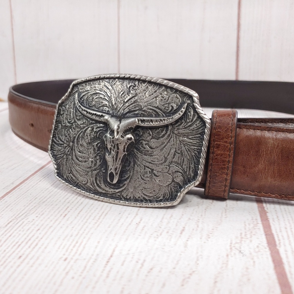 Cody James Belt - Mens 36 Brown Bull Skull Buckle Genuine Leather Handmade Mex